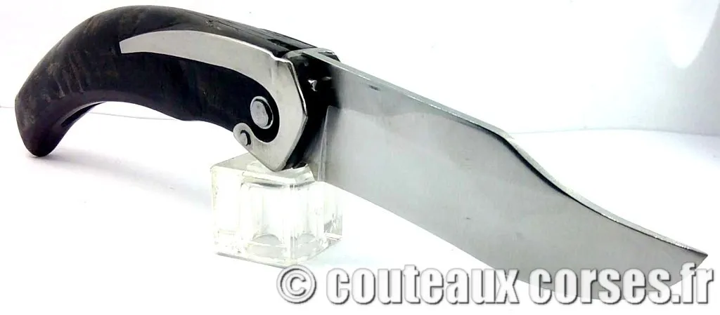 Couteau artisanal corse, A Vellutini FGDBN347cc Curnicciolu à blocage de lame inox trempe douce 3.0 mm et corne bélier, cuir et nacre-FGDBN347-23